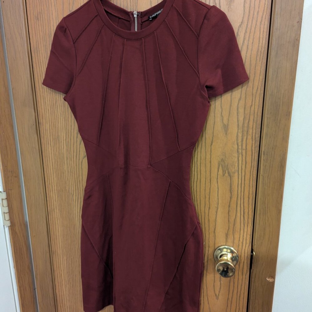 Express Form Fitting Crewneck Short Sleeve Burgundy, Above Knee Dress-4